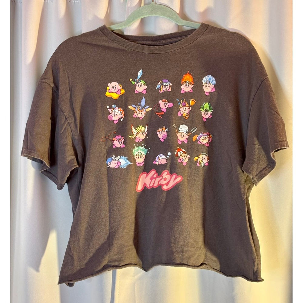 Nintendo Kirby Graphic Crop Top T-Shirt Retro Gray Women's Large Power Ups
